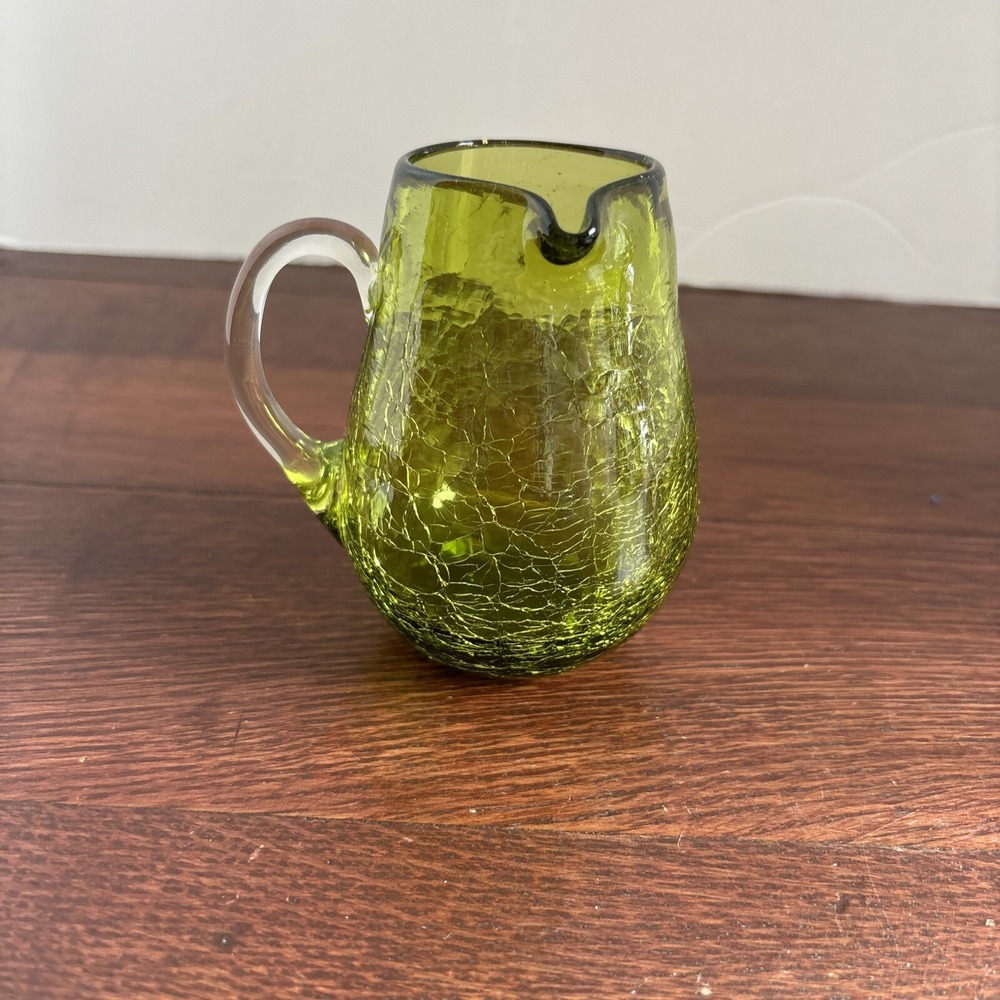 Vintage Olive Green‎ Crackle Glass Left Handed  Mini Pitcher Side Pour